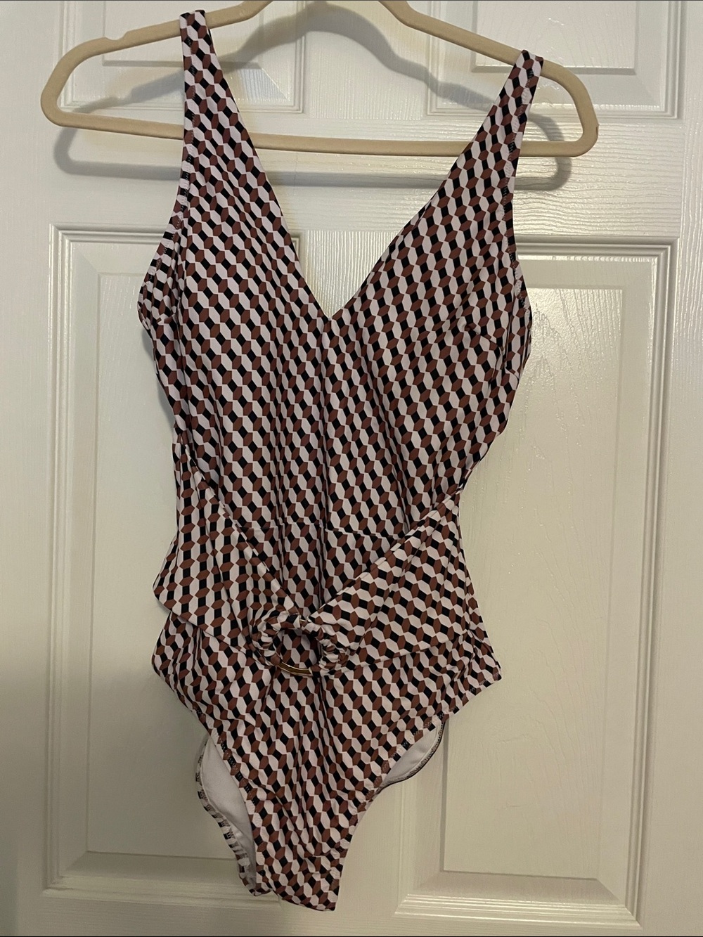 Women’s Geometric Print One-Piece Swimsuit - Brown/White